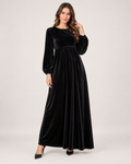 Women’s Velvet Maxi Dress with Draped Waist in Black, full body view