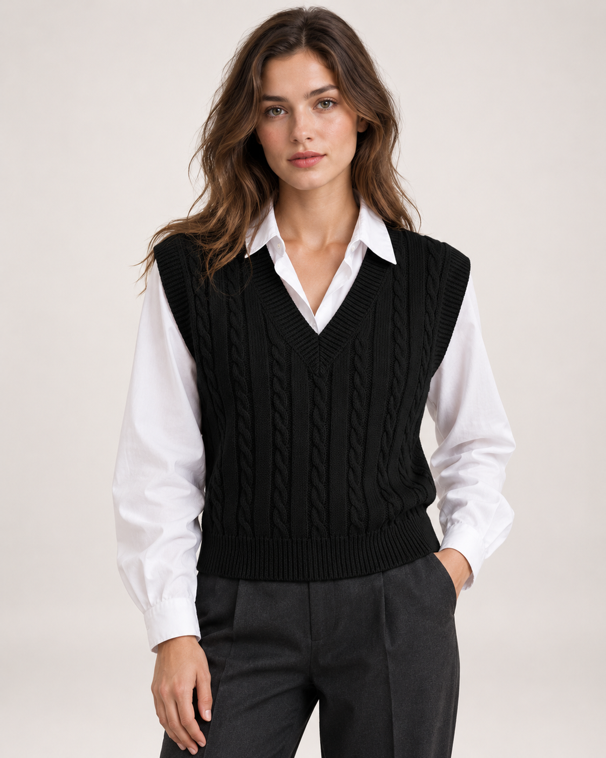 Women's black cable knit sweater vest close front view