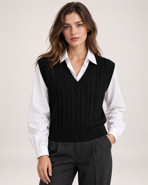 Women's black cable knit sweater vest close front view