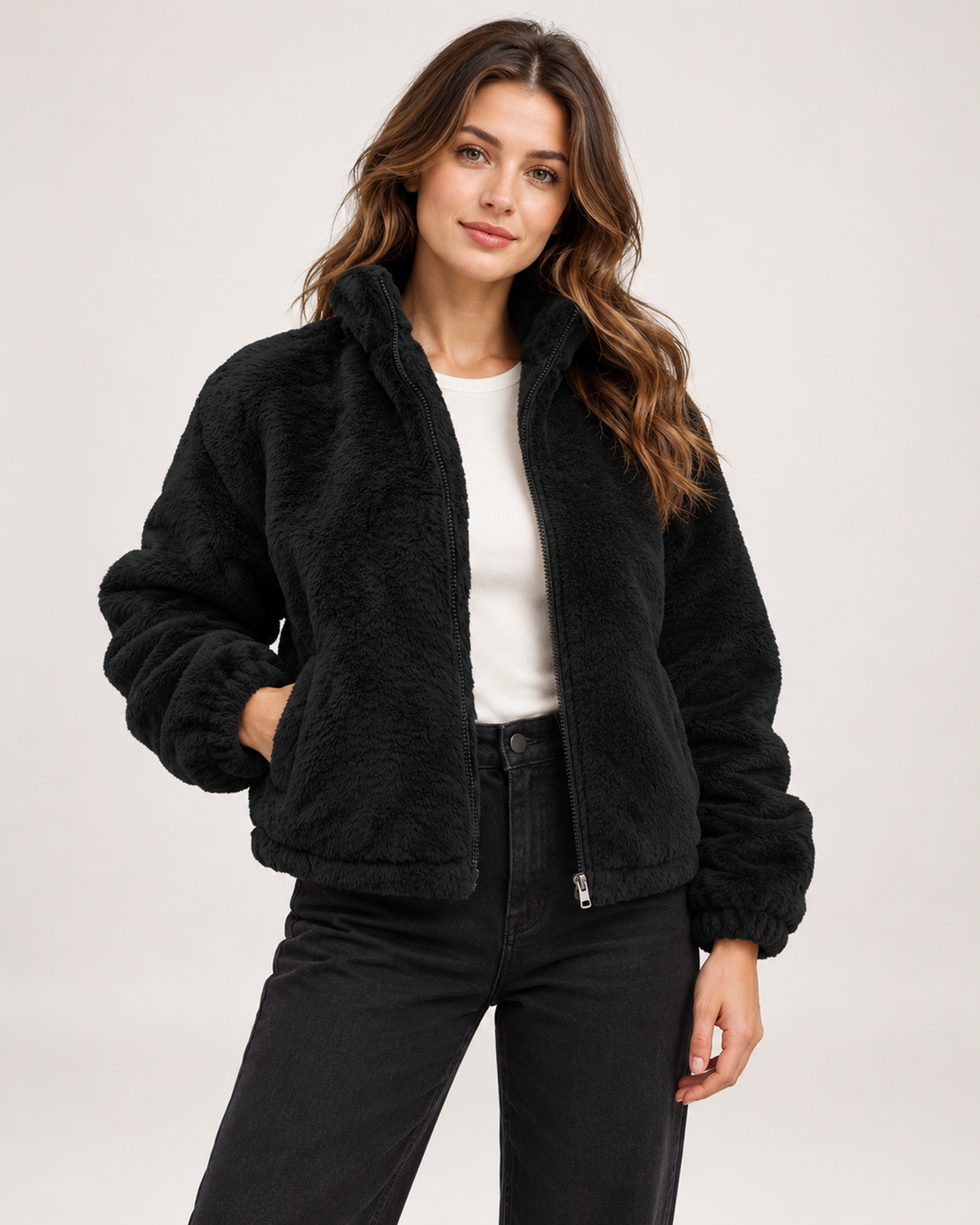 Women’s black fleece jacket close front open view