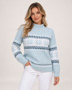 Women's Christmas Jumper with Fair Isle Pattern and Roll Neck blue front view