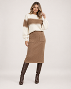 Women's Knitted Co-Ord Set with Colour-Block Jumper and Midi Skirt brown front view
