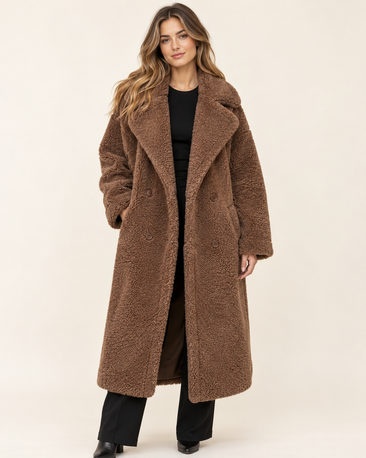 Women's brown long teddy coat front view
