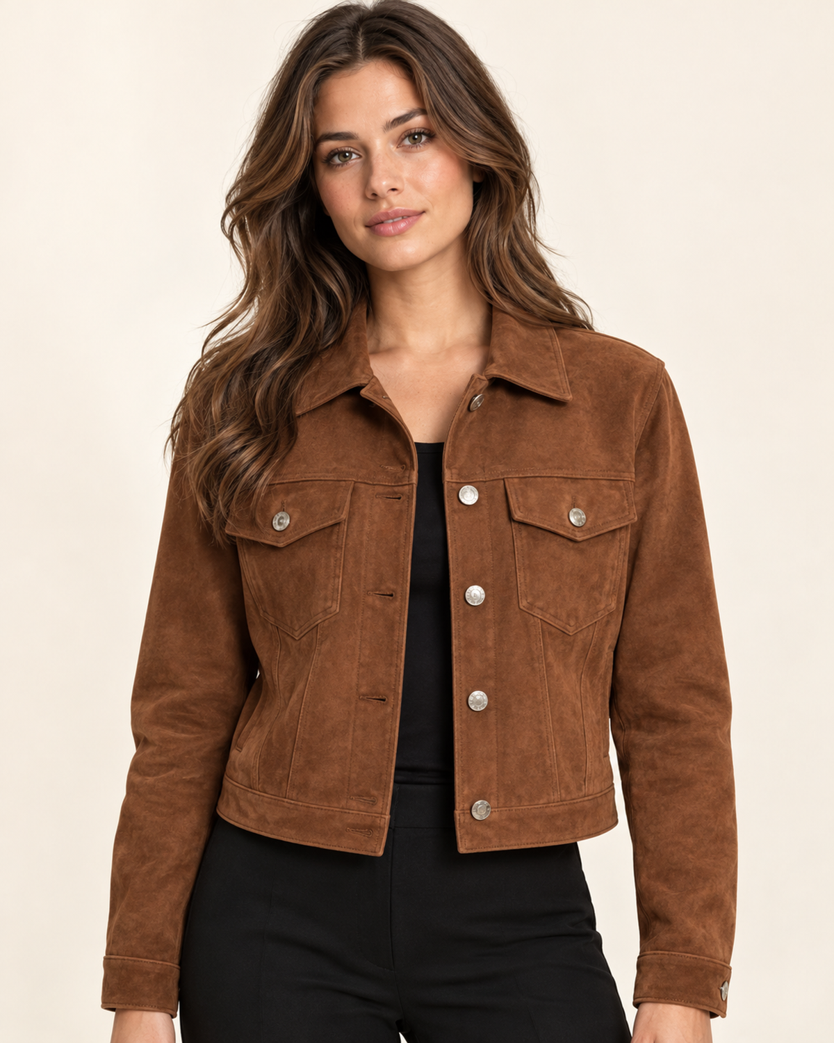 Women's brown faux suede button up jacket front view