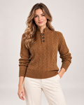 Women's Cable Knit Jumper with Stand Collar and Button Neck brown front view
