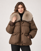Women's Puffer Jacket with Faux Fur Collar and Drawstring Waist brown front view