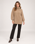 Women's Roll Neck Jumper with Relaxed Longline Fit brown front view