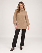 Women's Roll Neck Jumper with Relaxed Longline Fit brown front view