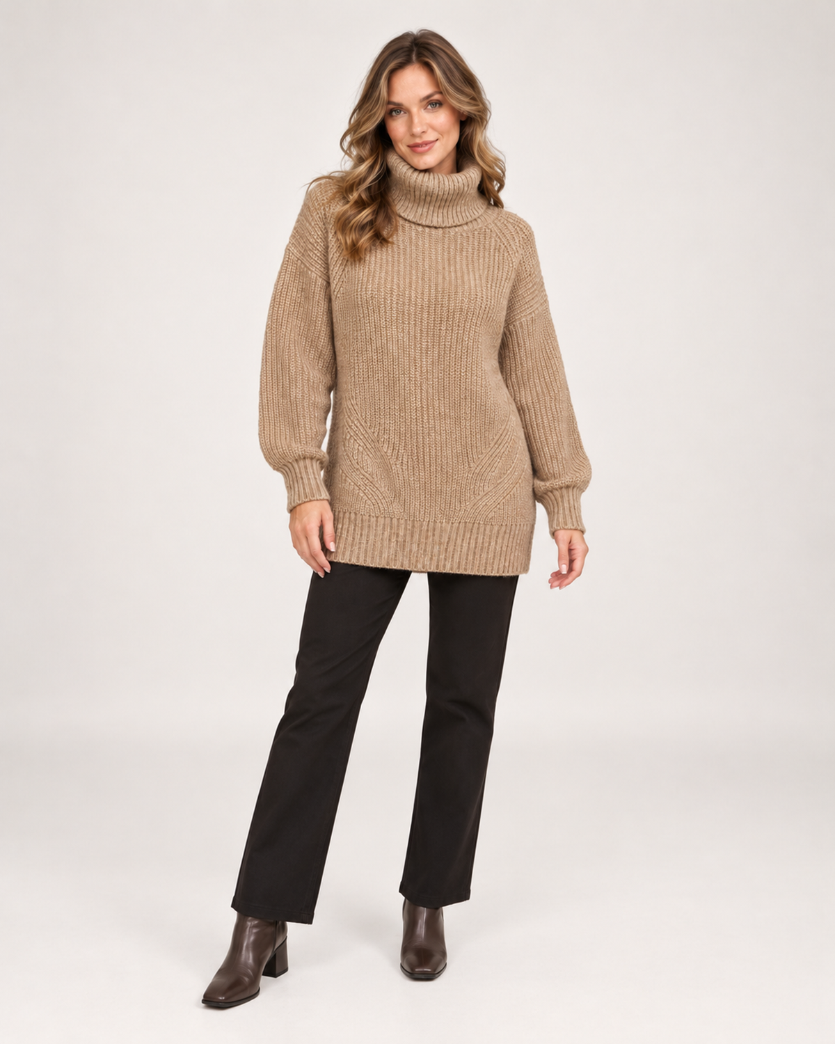 Women's Roll Neck Jumper with Relaxed Longline Fit brown front view