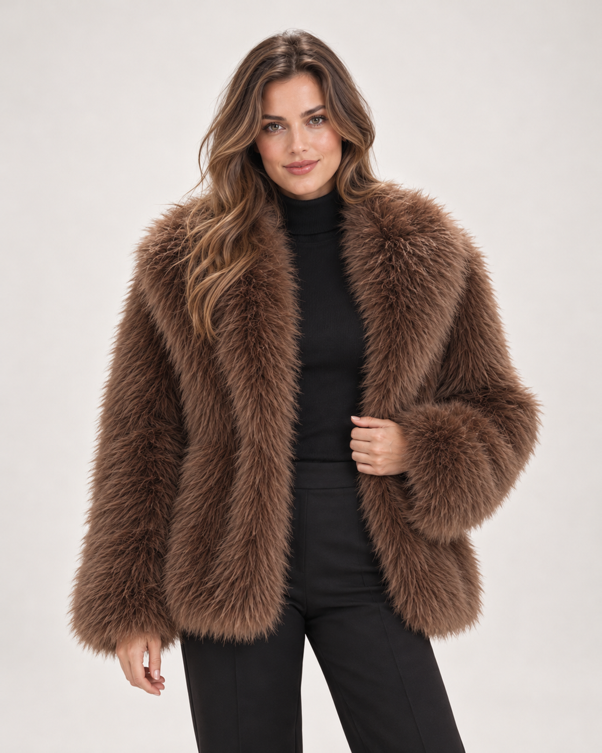Women's Faux Fur Jacket with Wide Collar brown front view