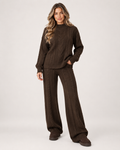 Women's Knitted Co-Ord Set with Cable Knit Jumper and Wide Leg Trousers brown front view