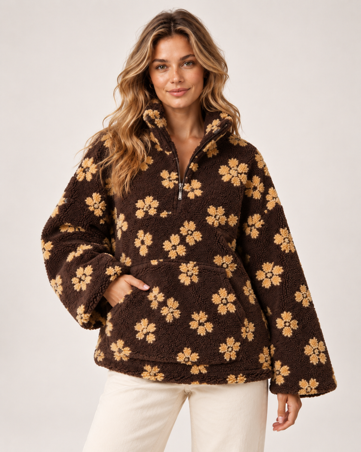 Women's Borg Jacket with Floral Pattern and Half Zip chocolate yellow floral front view