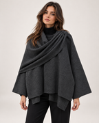 Women's dark grey asymmetric scarf cape coat close front view