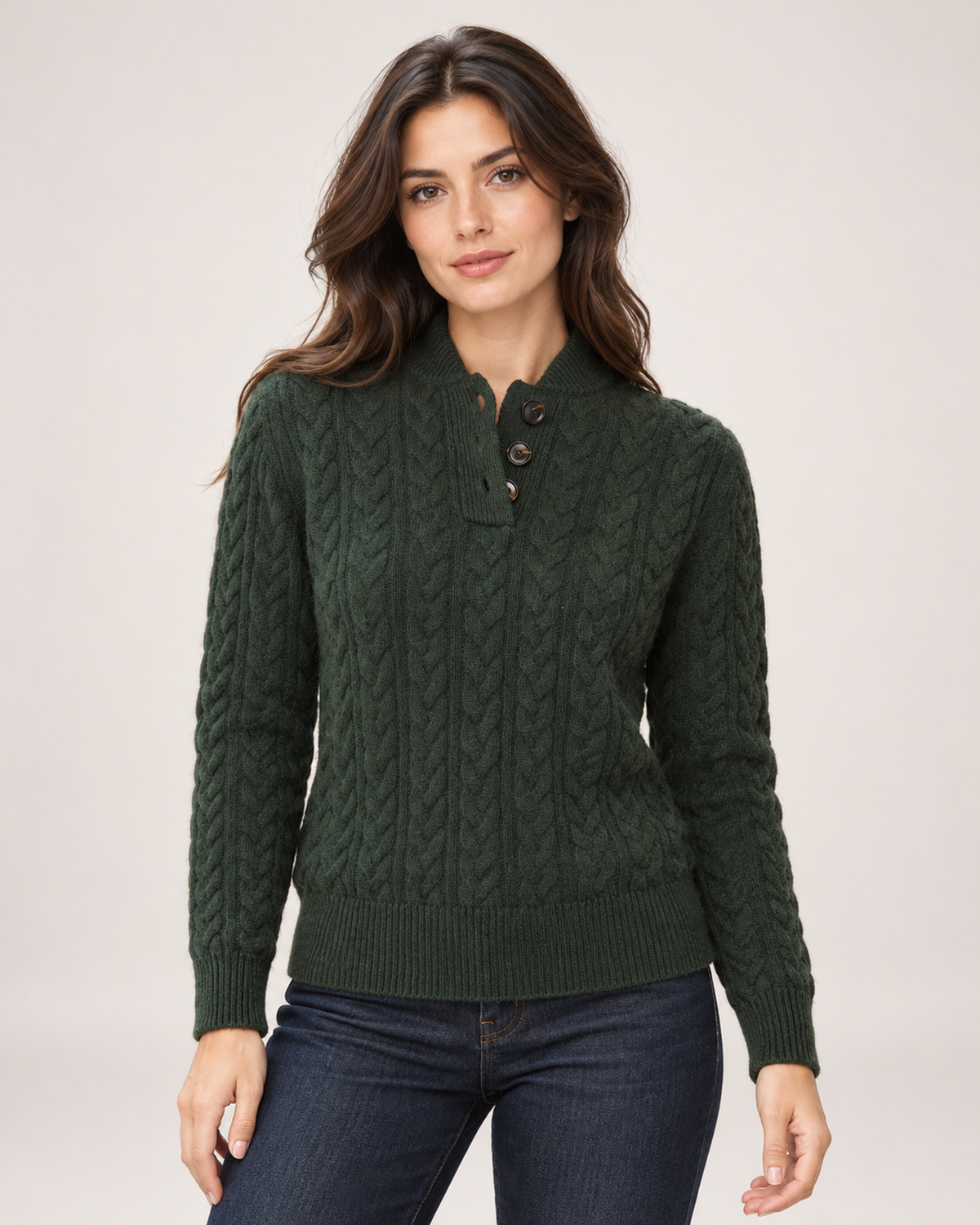Women's Cable Knit Jumper with Button Neck green front view