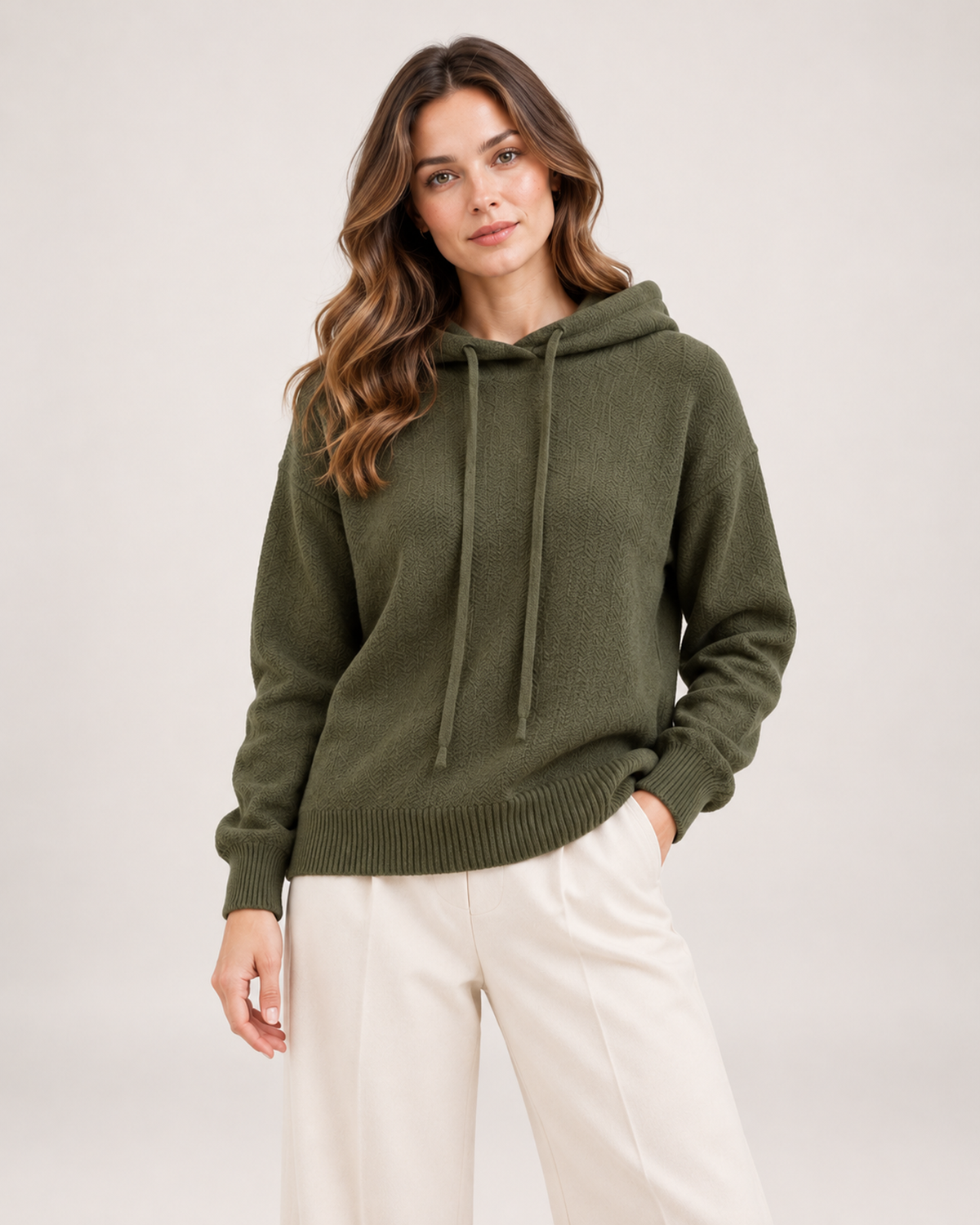 Women's Oversized Knitted Hoodie green front view