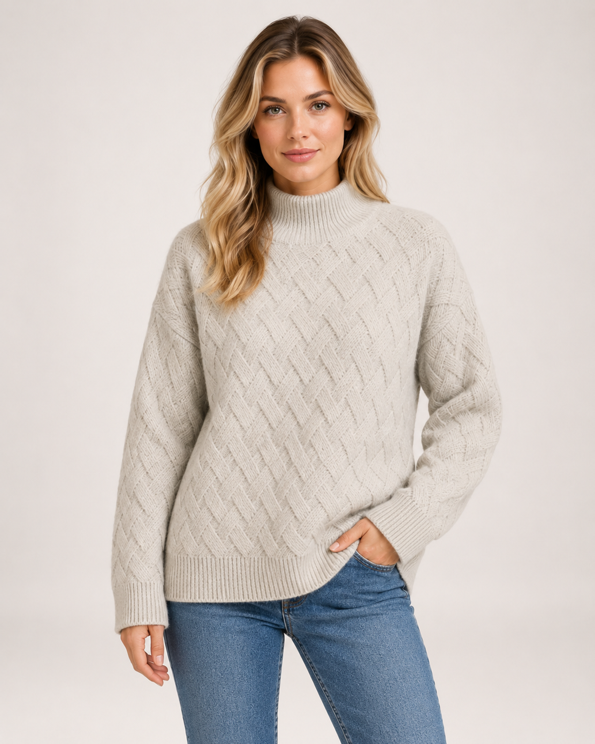 Women's Textured Roll-Neck Jumper with Basketweave Knit grey front view