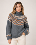Women's Fair Isle Jumper Patterned High Neck Knitted Style grey front view