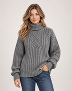 Women's Roll Neck Jumper with Cable Knit grey front view