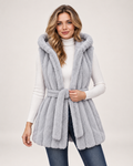 Women's Hooded Gilet with Faux Fur Finish and Belt grey front view