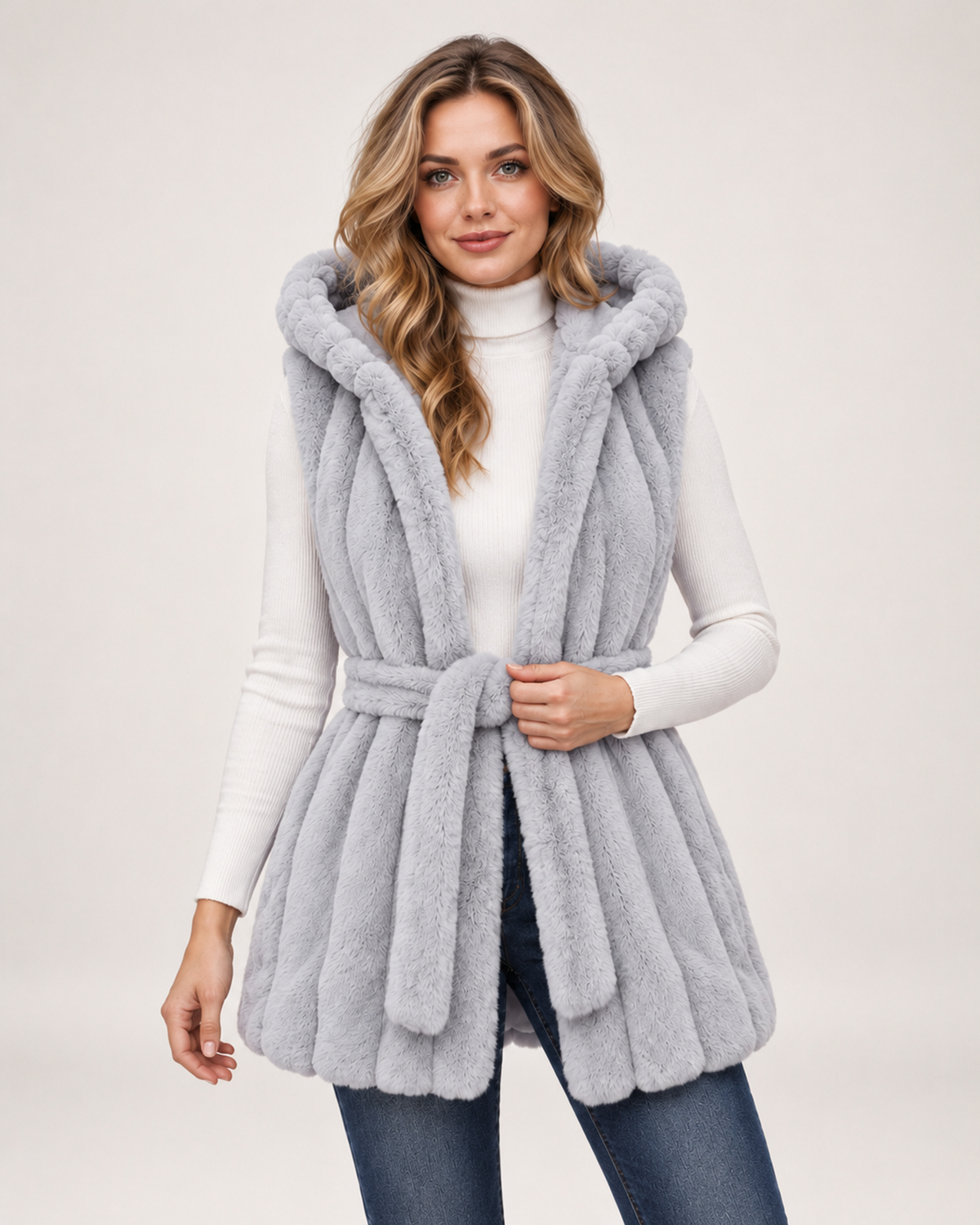 Women's Hooded Gilet with Faux Fur Finish and Belt grey front view