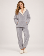 Women’s Fleece Pyjamas with Contrast Collar in Grey, full body view
