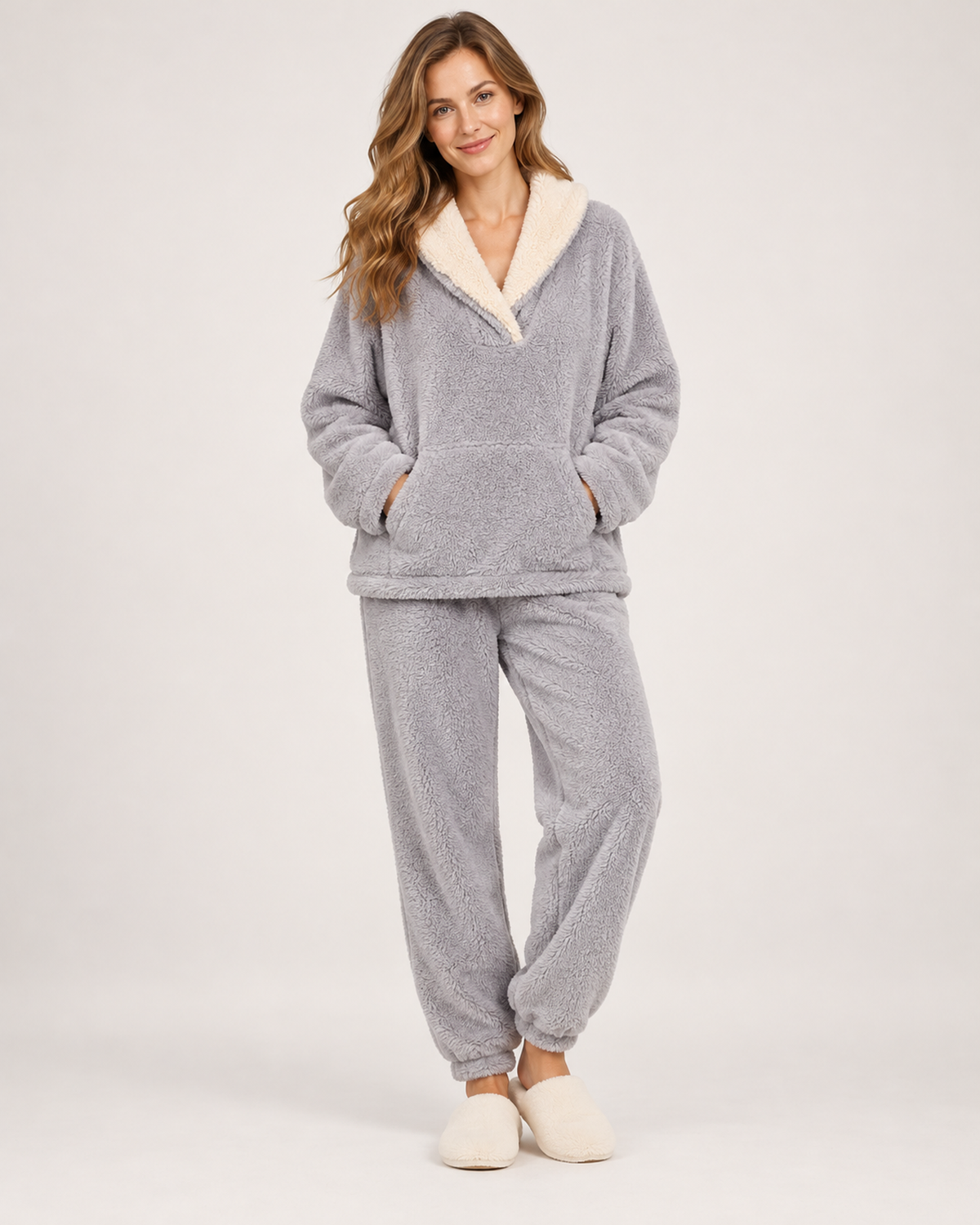 Women’s Fleece Pyjamas with Contrast Collar in Grey, full body view