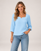 Women's Square Neck Crinkled Top light blue front view