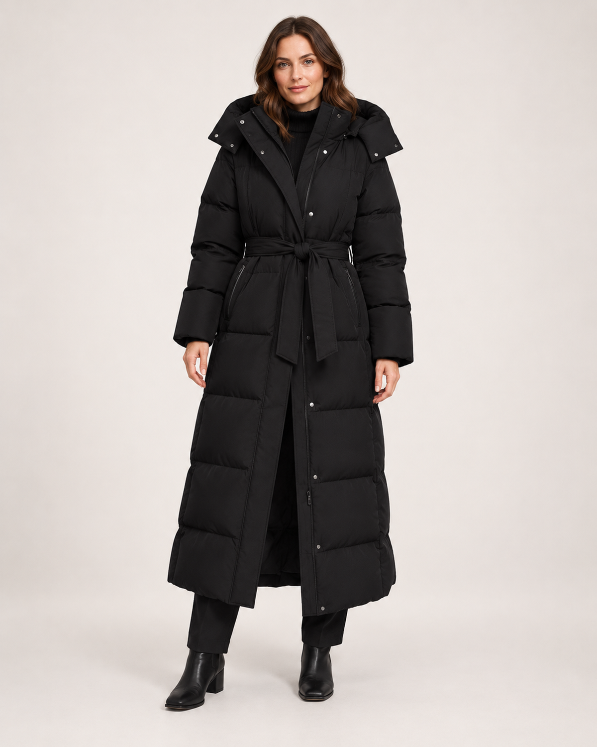Women's black long puffer coat with hood and belt front view