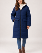 Women's navy long puffer coat with hood