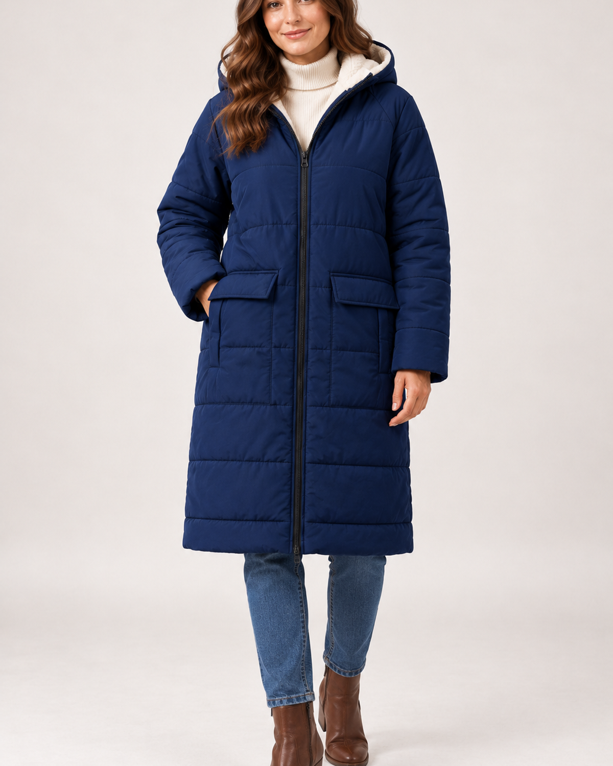 Women's navy long puffer coat with hood