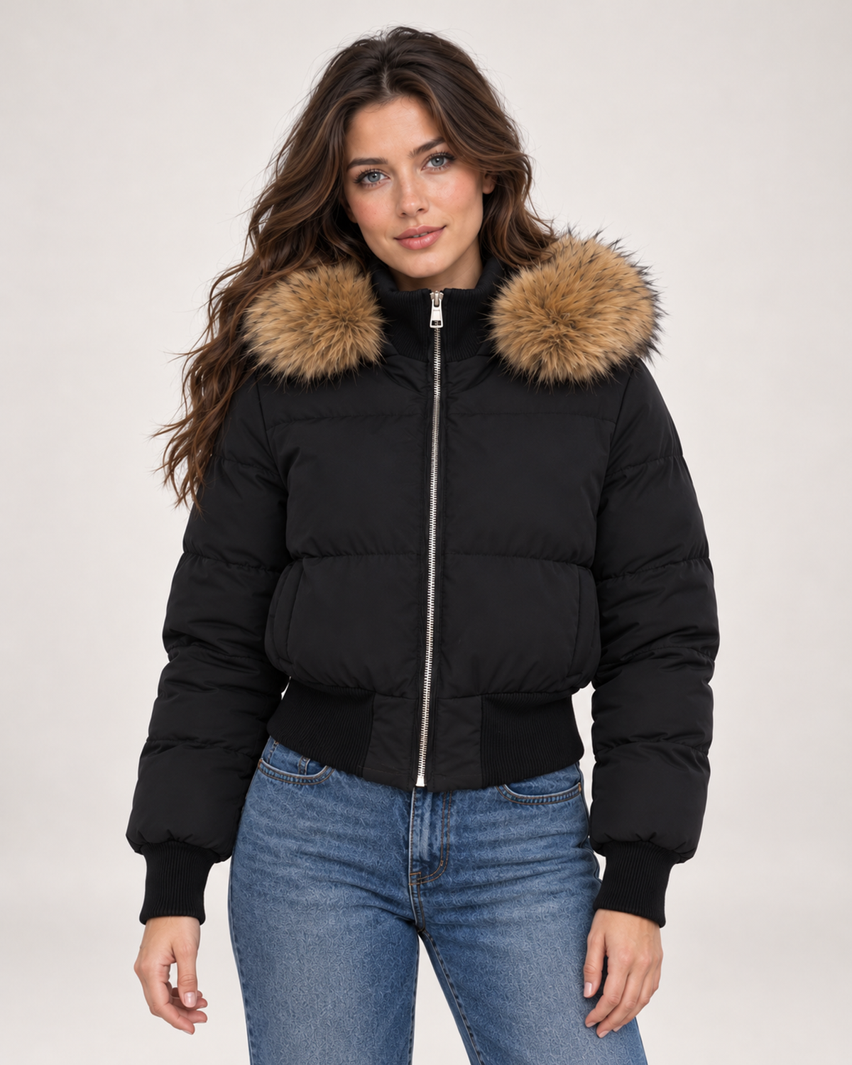 Women's black cropped puffer jacket with faux fur hood trim front view