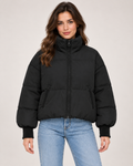Women's black cropped puffer jacket with high neck and ribbed cuffs