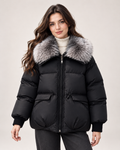 Women’s black puffer jacket with faux fur collar front view