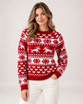Women's red Christmas jumper with reindeer pattern front view