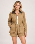 Women's tan barn jacket with contrast collar front view