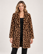 Women's brown faux fur coat with leopard print and lapel collar