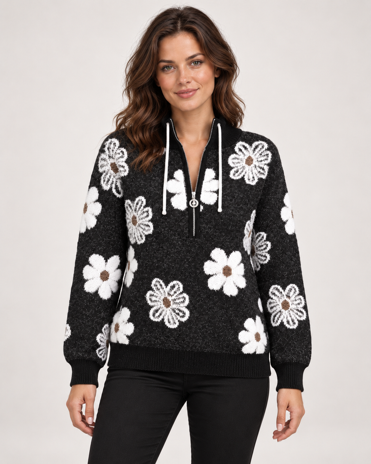 Women’s black half-zip jumper with floral pattern – front view
