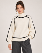 Women's white oversized turtleneck jumper with contrast trim front view