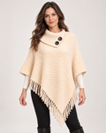 Women’s beige poncho with high neck and button detail front view
