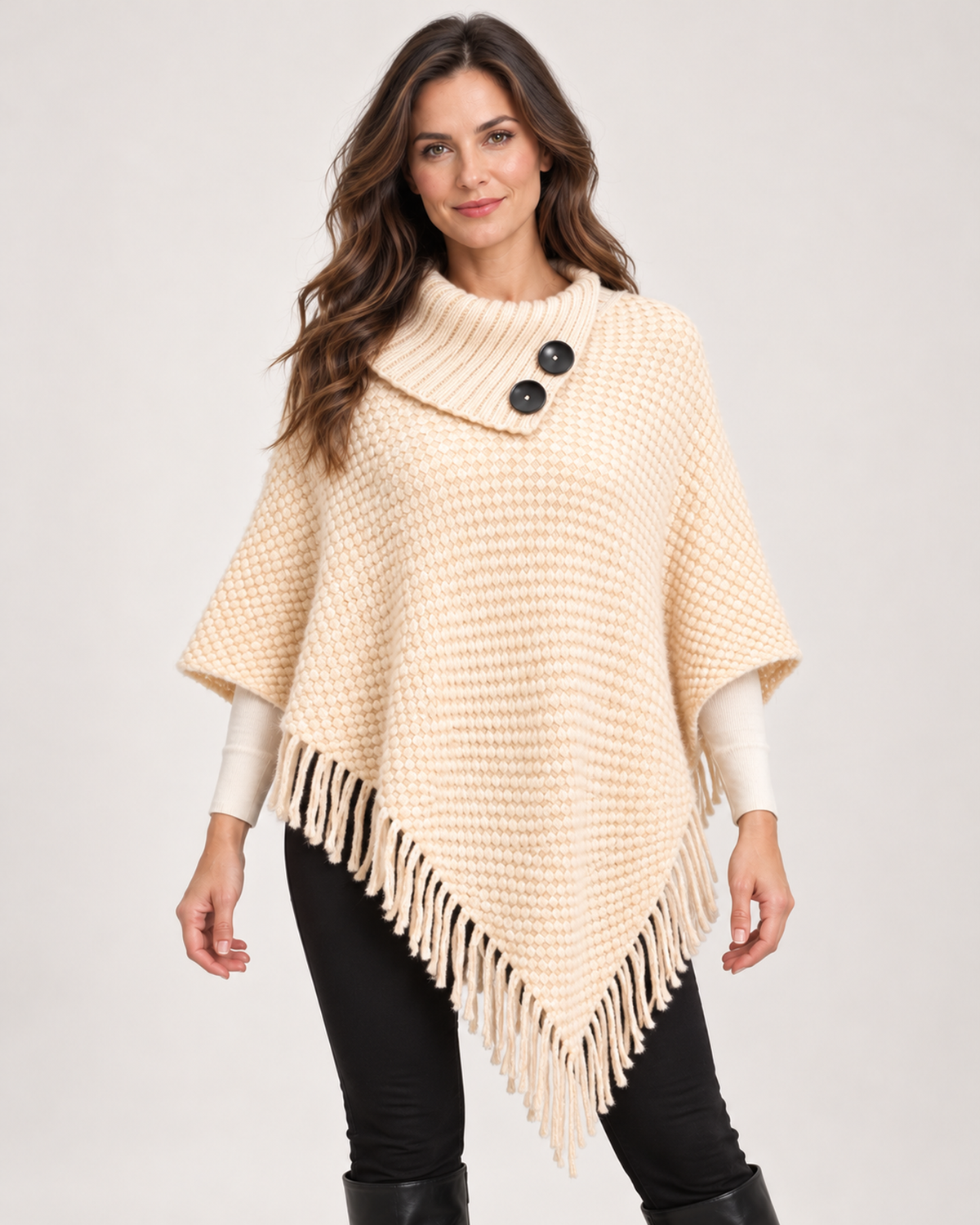 Women’s beige poncho with high neck and button detail front view