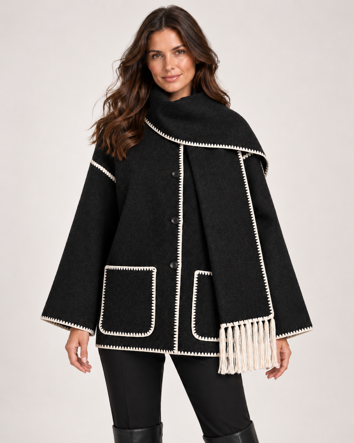 Women's black cape coat with scarf collar front view