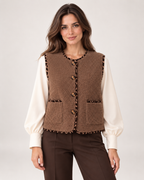Women's brown borg gilet with contrast trim front view