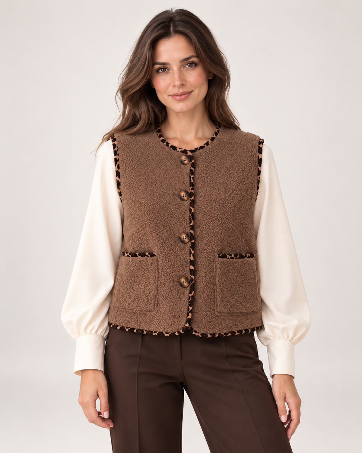 Women's brown borg gilet with contrast trim front view