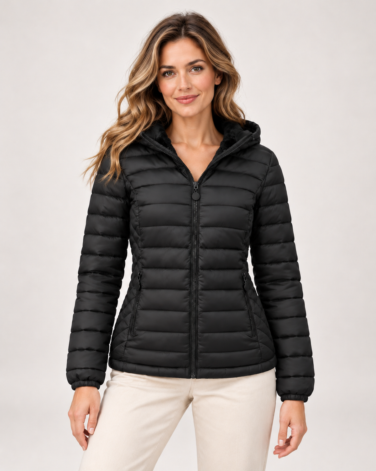 Women's black quilted hooded jacket front view