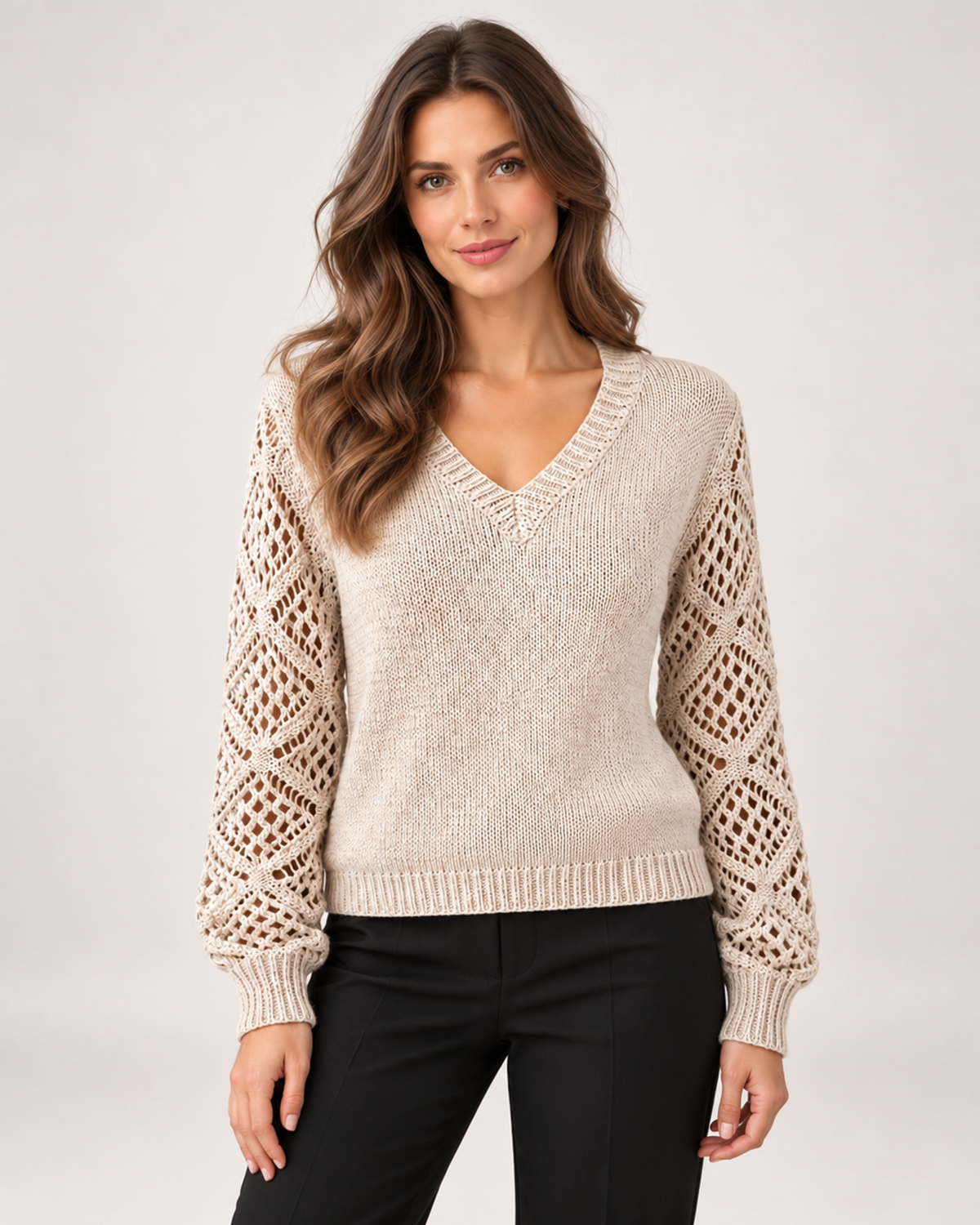 Women's beige V neck jumper with openwork sleeves front view