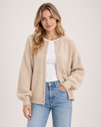 Women’s beige balloon sleeve cardigan with buttons – front view