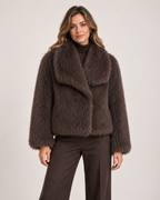 Women's brown cropped faux fur jacket front view