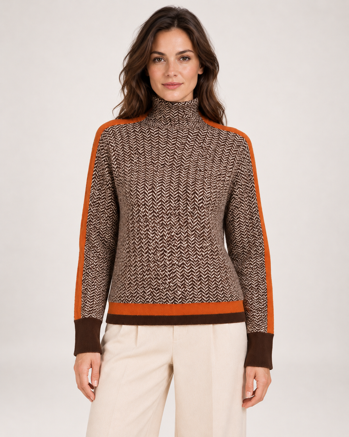 Women's orange contrast sleeve roll neck jumper front view