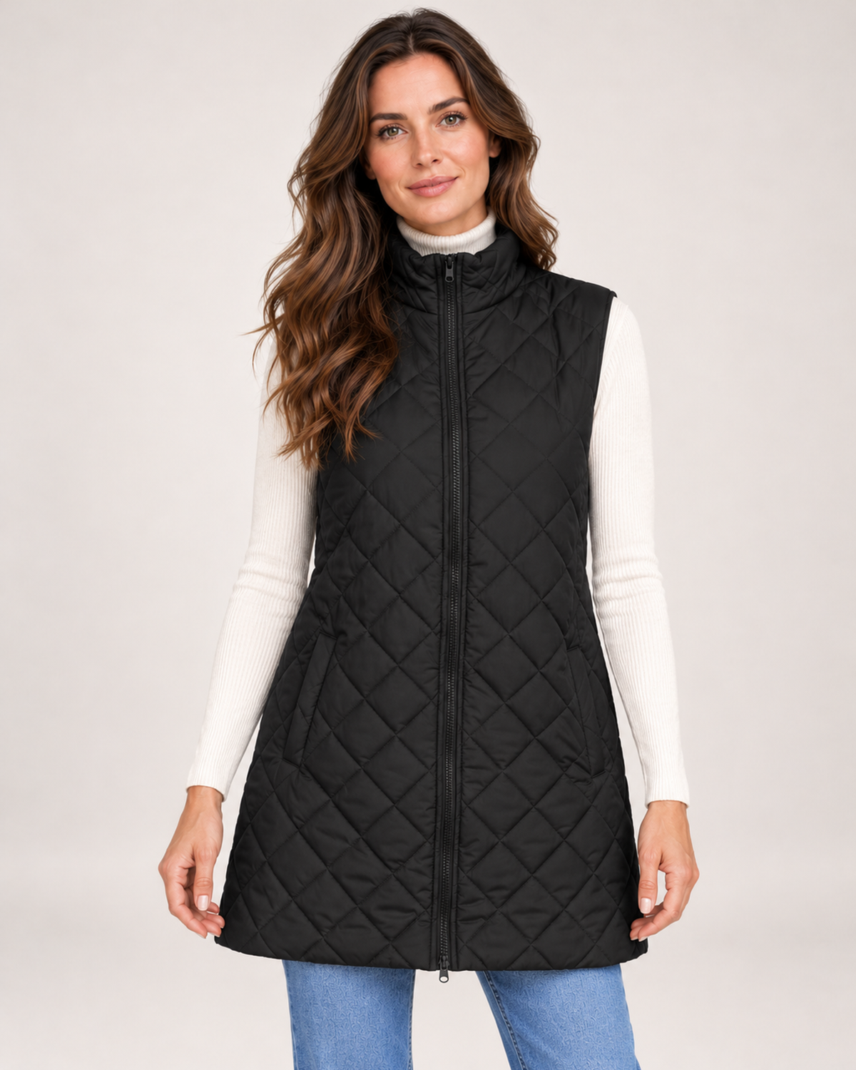 Women's black long quilted gilet front view