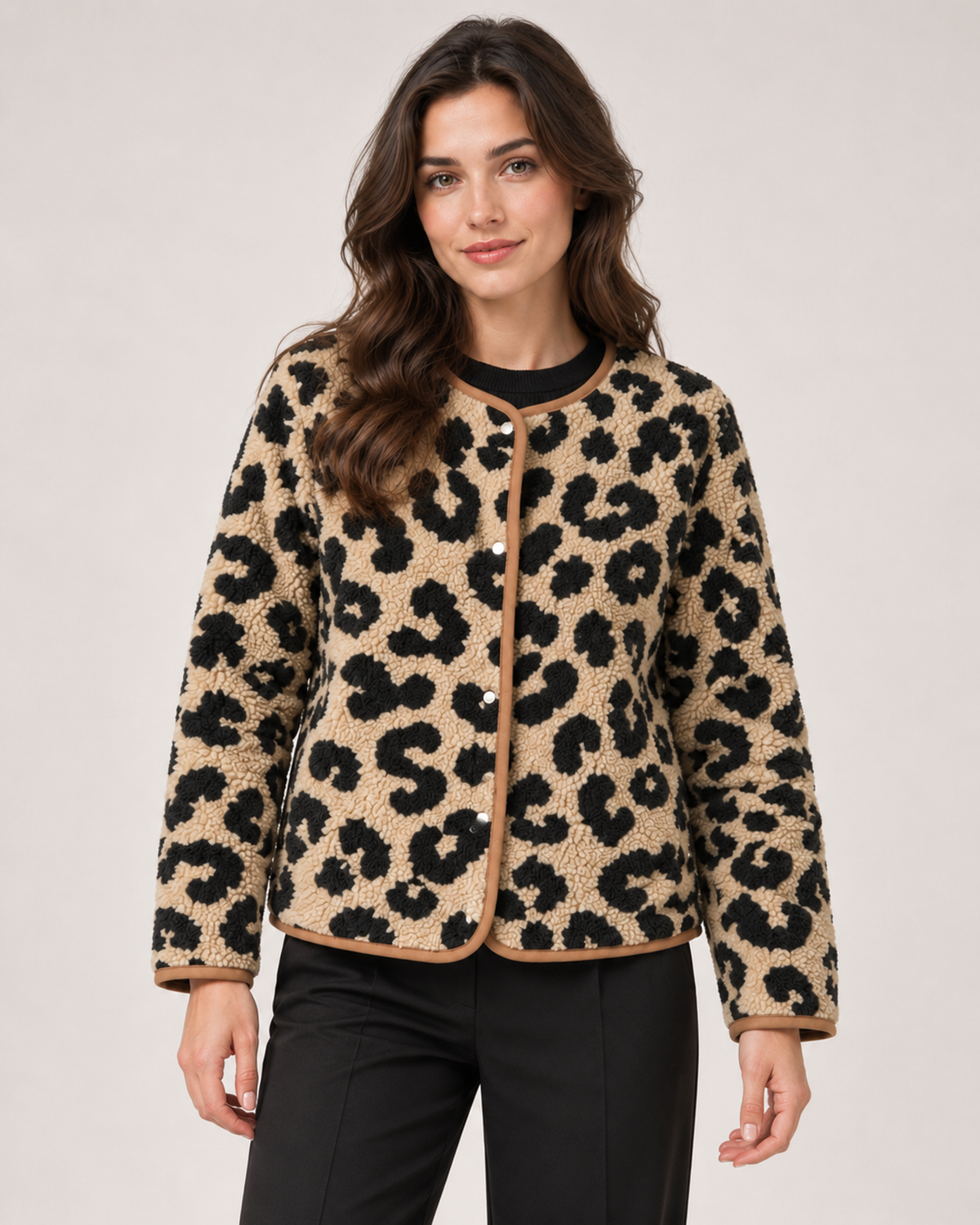 Women’s brown leopard print jacket front view